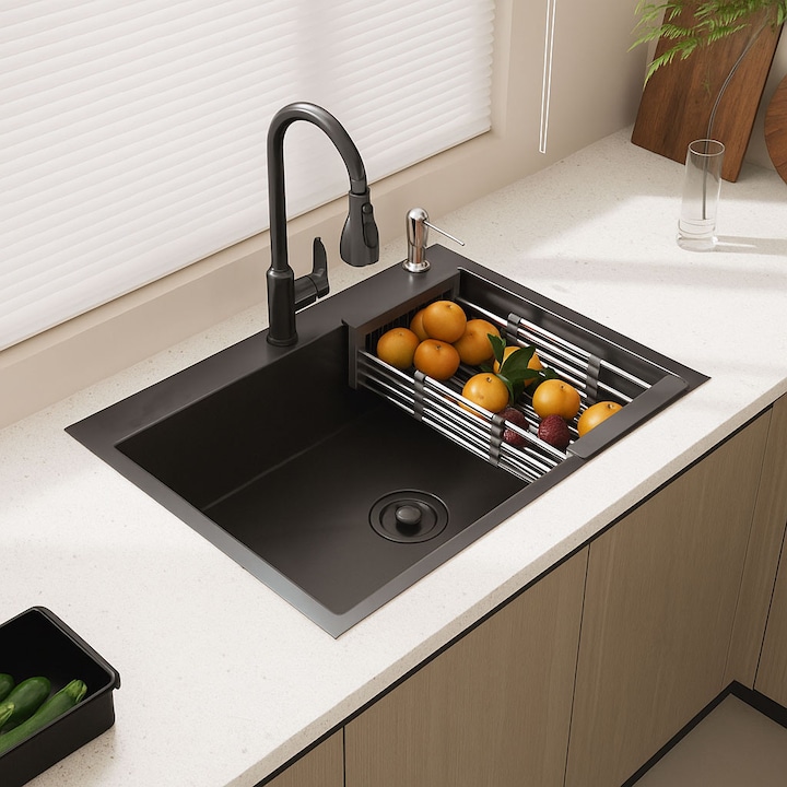 Set chiuveta de bucatarie 60x45cm, BadenMob, Inox negru grafit 3mm, Baterie extractibila 3 functii, Sifon, Dozator detergent, Cos scurgere vase