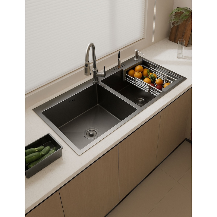 Set chiuveta pentru corp 80cm, 82x45cm, BadenMob, Inox negru grafit 3mm, Baterie extractibila 3 functii, Sifon, Dozator detergent, Cos scurgere vase, Suport cutite