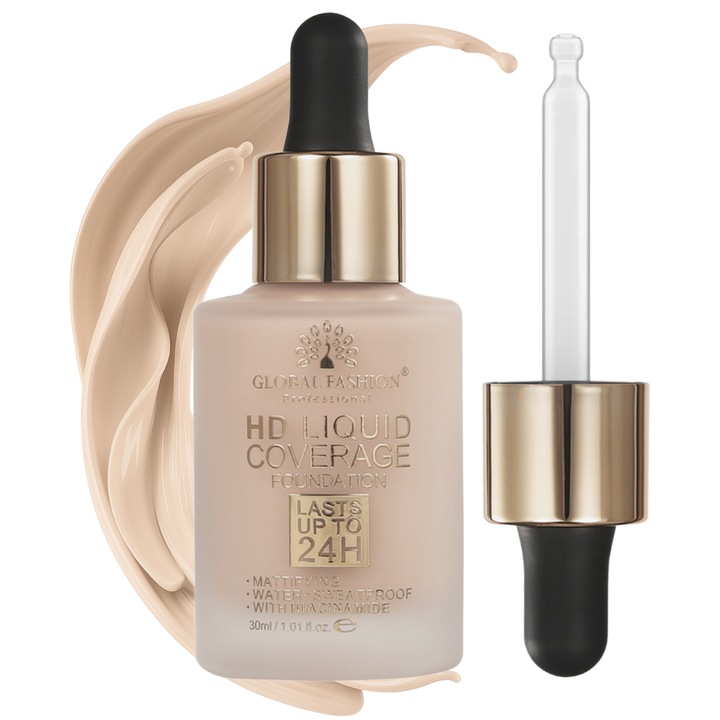 Fond de ten, Global Fashion HD Liquid Coverage Foundation, 30ml, GX01, Warm Beige