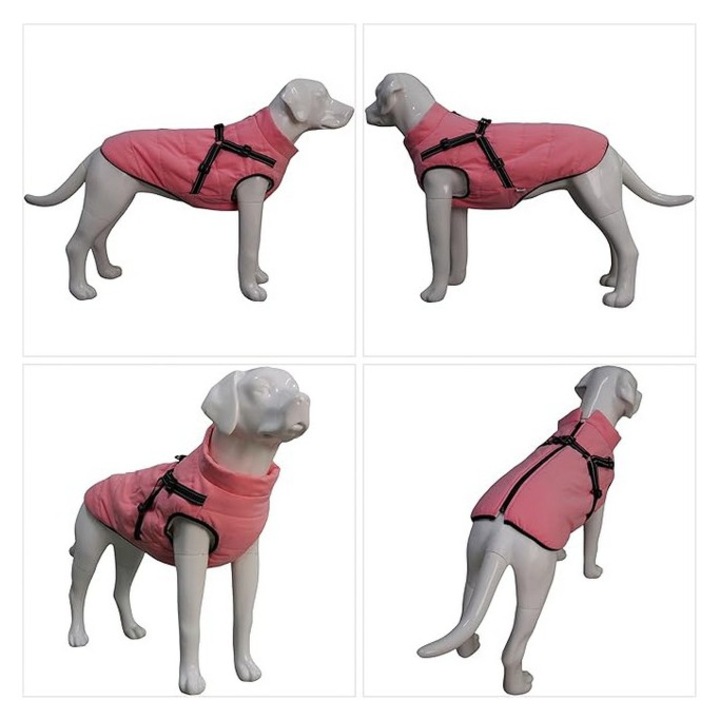 Vesta de schi pentru caini, impermeabila, cu captuseala din fleece, cu ham, roz, marime M, Lovelonglong