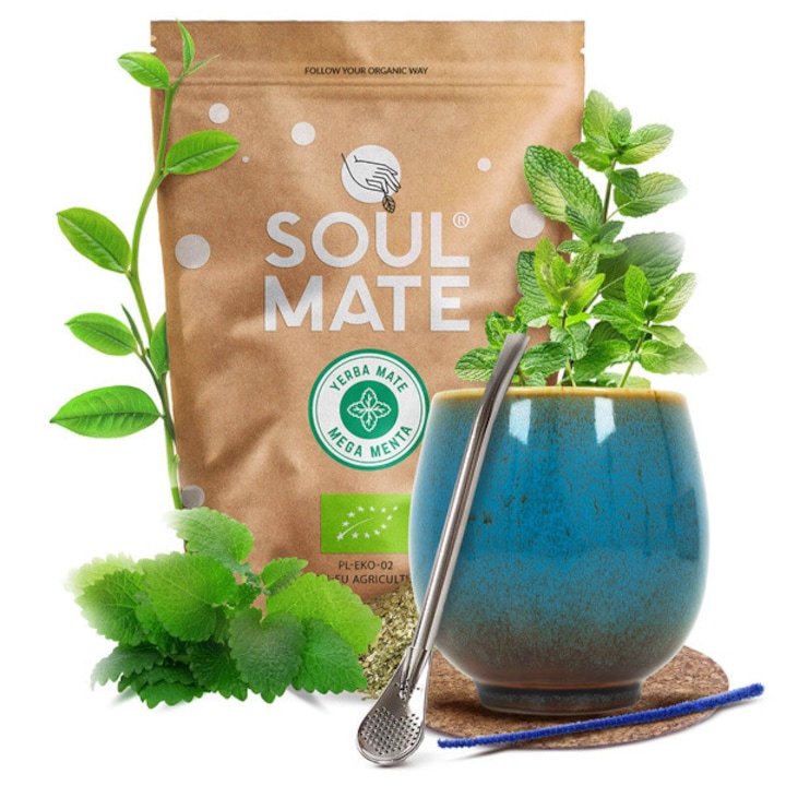 Yerba Mate Bio Szett, Mate Mega Menta, Levegőn Szárított, Füstmentes, Enyhe Ízű, 500g, Bögre 220 ml, Bombilla