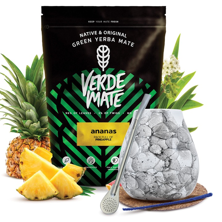 Ceai Yerba Mate Set, Verde Mate Ananas, Uscat la Aer, Fara Fum, Usor, 500g, Cana Alb 300 ml, Bombilla