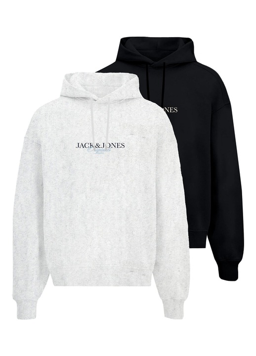 Set 2 hanorace barbati, Jack Jones, negru, gri, 60% bumbac, 40% poliester reciclat, Negru/Gri
