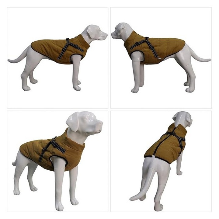 Vesta de schi pentru caini, impermeabila, cu captuseala din fleece, cu ham, maro, marime XS, Lovelonglong