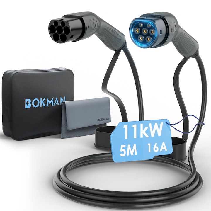 Bokman Cablu de incarcare auto, 11KW, 16A, 5M, Cablu de incarcare pentru vehicule electrice de tip 2, impermeabil, rezistent la frig, rezistent la caldura, de inalta calitate