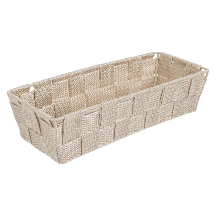 Cos Depozitare Bej Impletit tip Ratan cu Cadru Metalic Organizator Sertar Bucatarie Baie 26x10x6cm