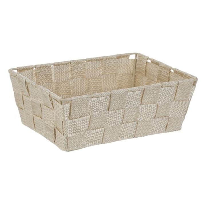 Cos Depozitare Bej Impletit Tip Ratan cu Cadru Metalic Organizator Universal Bucatarie Baie Birou 22x16x8cm