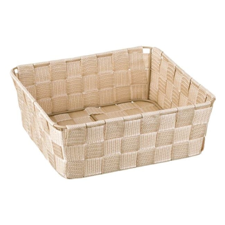 Cos Depozitare Impletit Bej Tip Ratan cu Cadru Metalic Organizator Universal Bucatarie Baie Birou 24x24x8.5cm