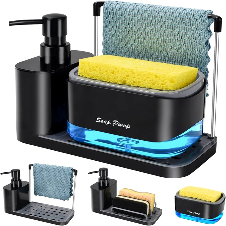 Кухненски органайзер 3 в 1 VarioShop®, с дозатор за препарат, поставка за гъба и кърпа, модерен дизайн, практичен и компактен