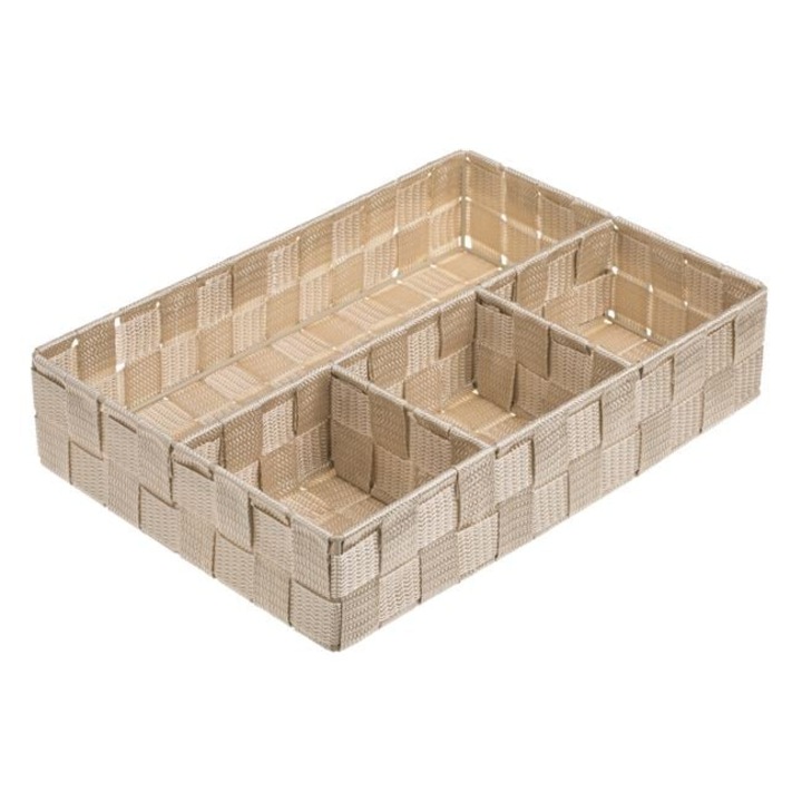 Cos Depozitare Impletit Bej Tip Rattan cu Cadru Metalic Organizator Sertar Bucatarie Baie Birou 33x24x7cm
