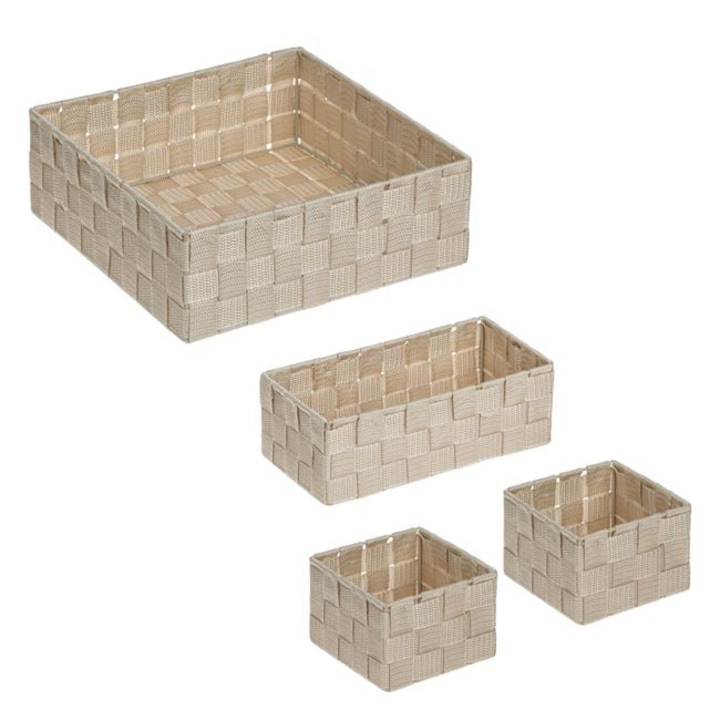 Set Cosuri Depozitare Bej Tip Ratan cu Cadru Metalic Organizare Casa Dulap Baie Birou 4 Bucati 3 Marimi 28x28x10cm 26x13x9cm 13x13x9cm