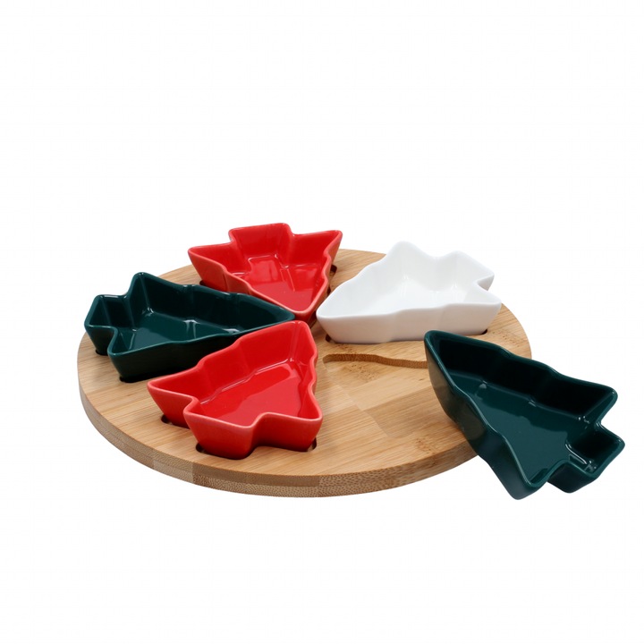 Set de servire aperitive – 5 boluri în formă de brad de Crăciun pe tavă rotativă din bambus