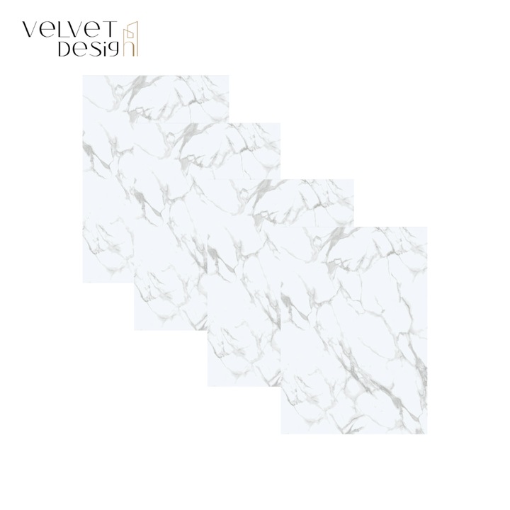 SET 4 panouri SPC Premium Marble Series, Impermeabil si Ultra-Durabil, 900 x 450 x 4 mm/ panou, 1.64 mp suprafata acoperita/ set, culoare Alb Lucios - Gris Venato, Velvet Design