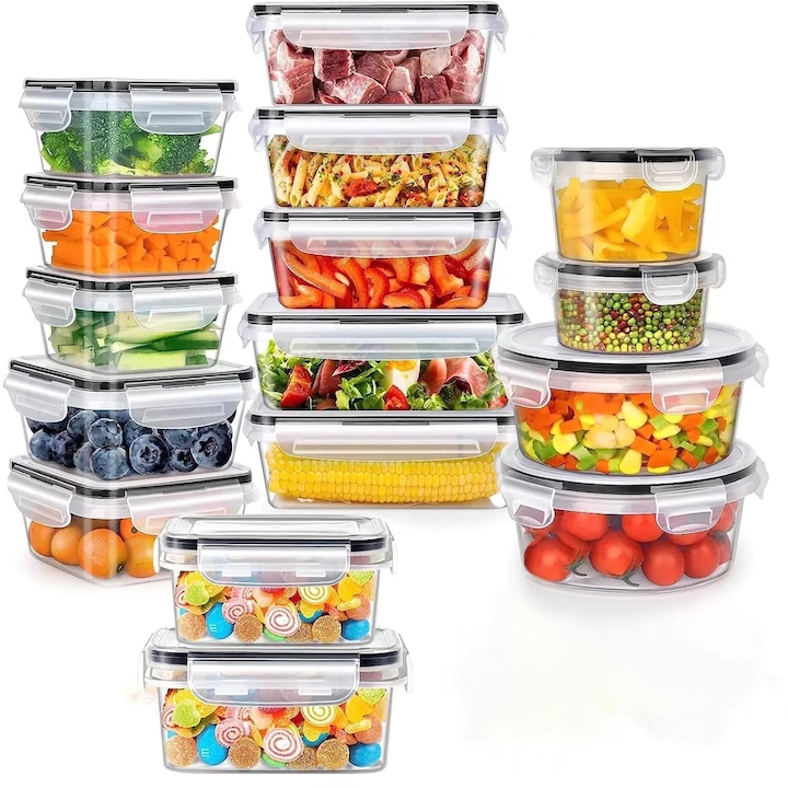 Set de 24 Caserole Elindor® Recipiente Ingrediente pentru Bucatarie, pentru Alimente Uscate, Recipient pentru Depozitare Cafea, Zahar, Paste, Cereale, Capac Etans, fara BPA, Potrivit pentru Congelator Transparent