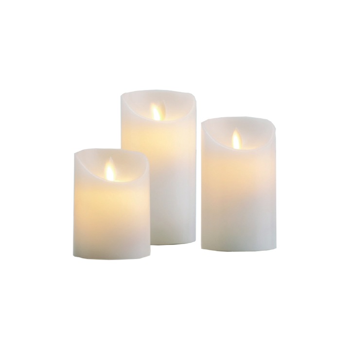 Set 3 lumanari LED (10,12, 15 cm) decor realistic ceara si flacara, alimentare cu baterii 3xAAA (neincluse), Mentavill