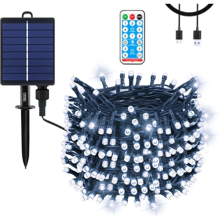 Instalatie Liniara Solara de Craciun EDAR, 30 m, 300 LED-uri Alb Reci, Telecomanda, 8 Jocuri de Lumini, Fir Verde Inchis, Pentru Exterior si Interior, Alimentare Solara sau USB