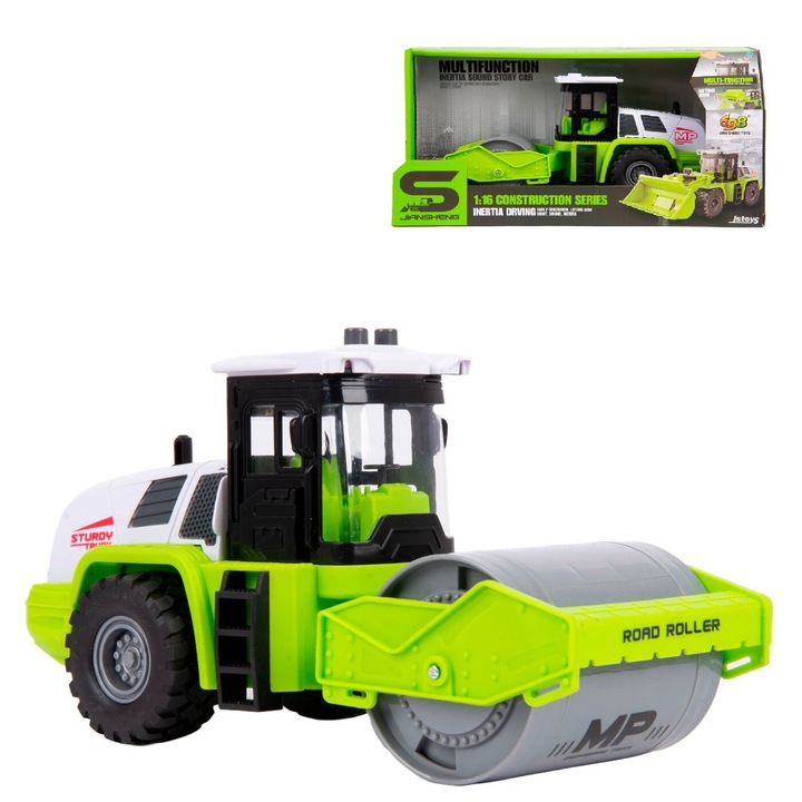 Строително Оборудване Тип Валяк Играчка За Деца, KidProtect® Hammer Road, Със Звуци и Светлини, Мащаб 1:16, Мотор Чрез Инерция, Супер Реалистичен, 25 см, Зелен
