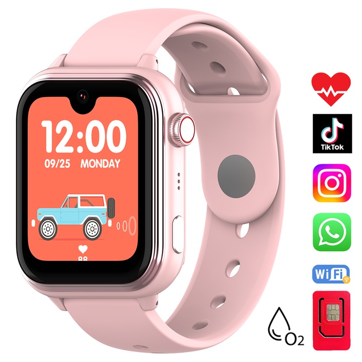 Смарт часовник Techone KT37 Android 8.1, GPS, За деца с локация и телефон, Интегриран AI, WhatsApp, TikTok, 1.79 инча Super AMOLED, 4G LTE, Видео разговор, HD камера, Wi-Fi, Водоустойчив IP67, SOS, Сърдечен ритъм, Кислород, App Store, Розов