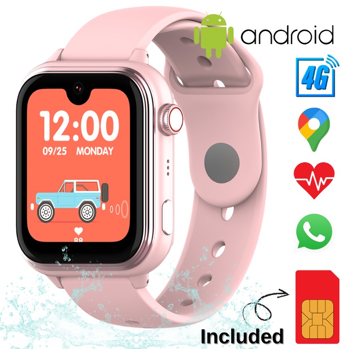 Ceas Smartwatch GPS Copii Cu Localizare Si Telefon Techone® KT37 Android 8.1, Cu AI Integrat, WhatsApp, 1.79 inch Super AMOLED, 4G LTE, Apel video, Camera HD, Wi-Fi, Apa IP67, Telefon, Buton SOS, Monitorizare Spion, Ritm Cardiac, Roz