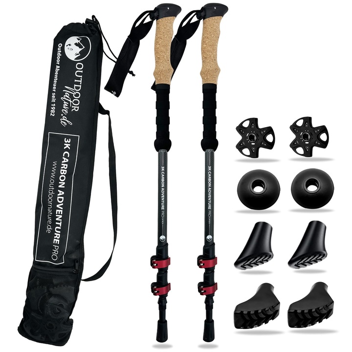 Teleszkópos Szénszálas Túrabotok Parafa Fogantyúval I Könnyű Nordic Walking Botok Férfiaknak és Nőknek, Síeléshez és Túrázáshoz I Teleszkópos Trekking Botok Fából Hegymászáshoz