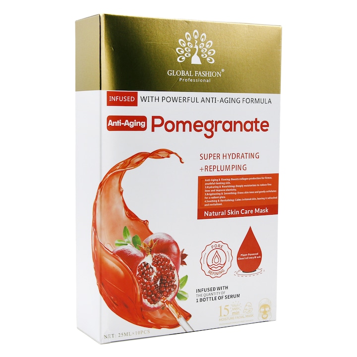 Masca faciala Global Fashion, rodie, anti-imbatranire, set 10 bucati, 25 ml