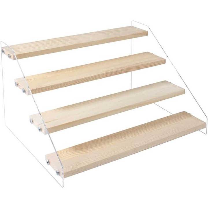 Suport de expunere din acril cu patru niveluri, potrivit pentru vitrine, mese de desert, masute de toaleta, manechine etc. Dimensiuni: 30,5 x 21,4 x 15,8 cm