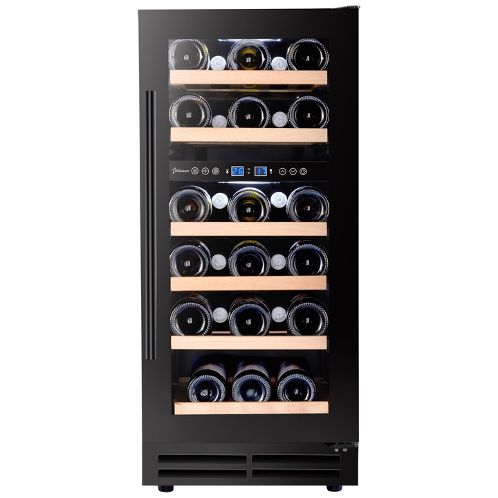 Vitrina de vinuri incorporabila STARCREST SWN-8028DZ, 80L, 28 sticle, Rafturi lemn de fag, 2 zone de racire, Control electronic, Display, Iluminat interior LED, H 85.5 cm, Negru