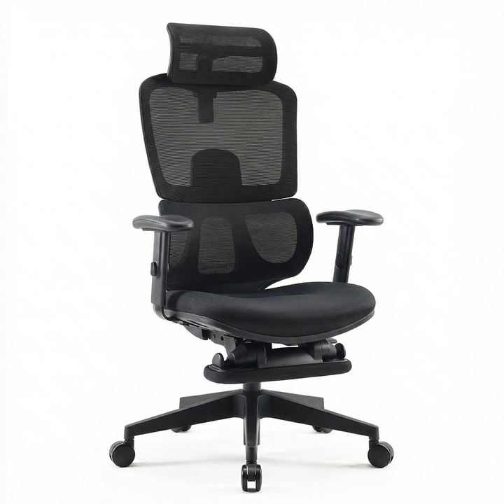 Scaun Ergonomic, SIHOO®, Spatar Reglabil Pe Inaltime, Suport Lombar Cu Sustinere Ferma, Tetiera Reglabila, Suport Picioare Retractabil, Mecanism Inclinare Blocare In 3 Pozitii, Mesh Textil, Scaun Birou Confortabil, Scaun Oficiu Modern, Pivotant, Negru