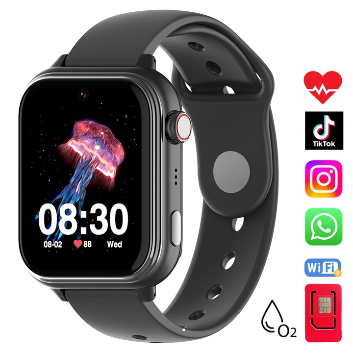 Techone® KT37 Android 8.1 okosóra gyerekeknek GPS-szel és telefonnal, beépített AI-val, WhatsApp, TikTok, 1.79 hüvelykes Super AMOLED, 4G LTE, videóhívás, HD kamera, Wi-Fi, IP67 vízállóság, telefon, SOS, kémfigyelés, pulzusszám, oxigén, áruház, fekete