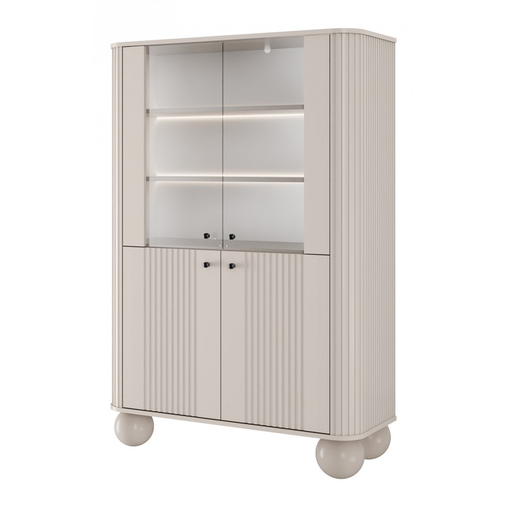 Comoda Bogart, MDF/sticla, 4 usi, 4 rafturi, iluminare LED, bej, 103x153x38cm