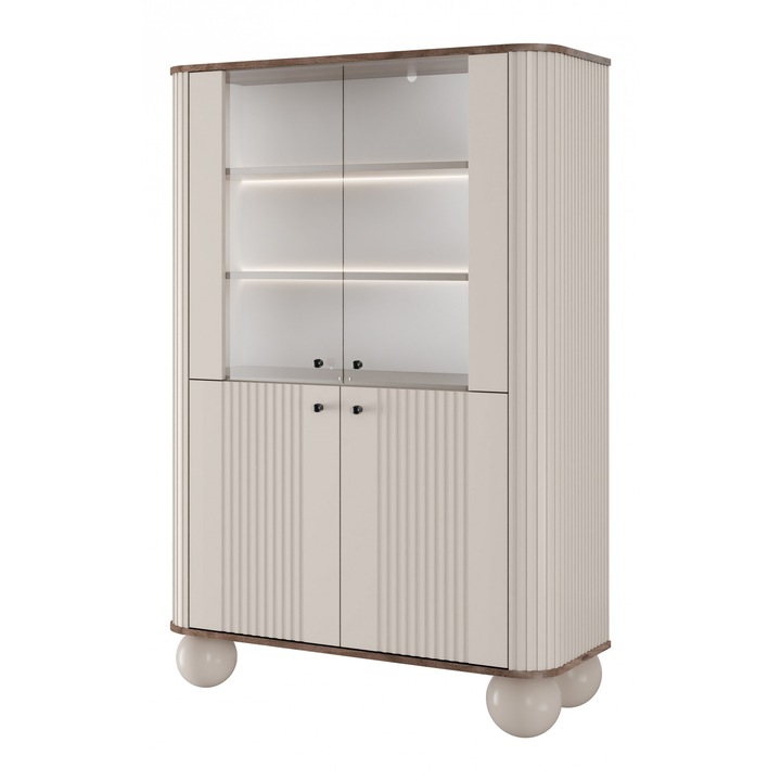 Vitrinszekrény, Bogart, Vesper, 103 x 153 x 38 cm, nappaliba, 4 ajtóval, 4 polccal, MDF/üveg, kasmír, dió, fekete fogantyúk, gömblábak, LED