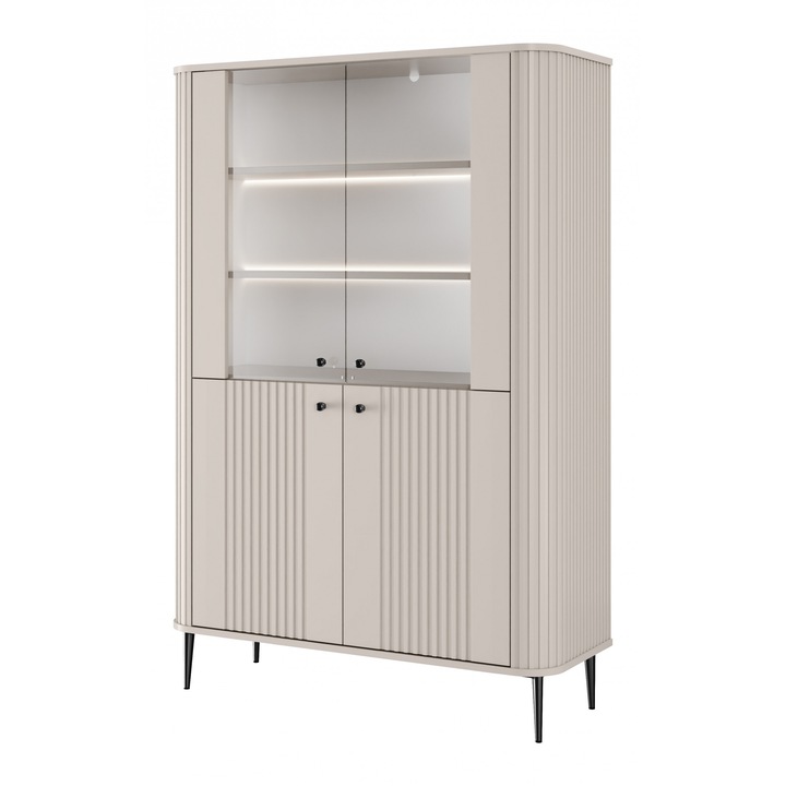 Comoda Bogart, MDF/sticla, 4 usi, 4 rafturi, iluminare LED, bej, 103x156x38cm