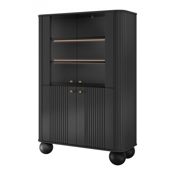 Comoda Bogart, MDF/sticla, 4 usi, 4 rafturi, iluminare LED, negru, 103x153x38 cm