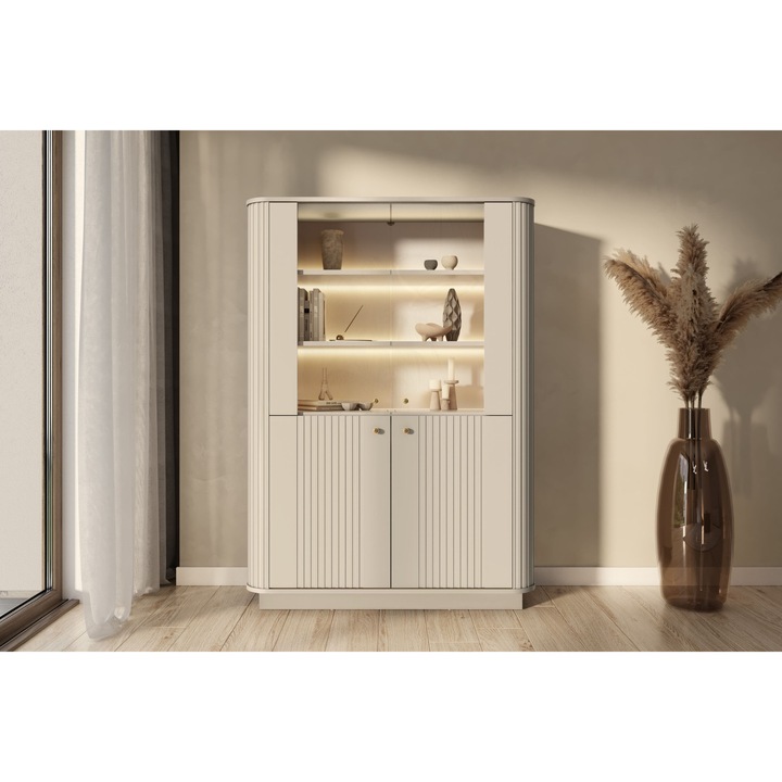 Vitrinszekrény, Bogart, Vesper, 103 x 148 x 38 cm, nappaliba, 4 ajtóval, 4 polccal, MDF/üveg, kasmír, arany fogantyúk, lábazat, LED