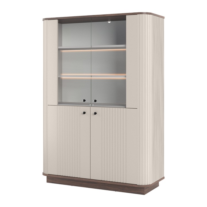 Comoda Bogart, MDF/sticla, 4 usi, 4 rafturi, iluminare LED, crem/maro, 103x148x38cm