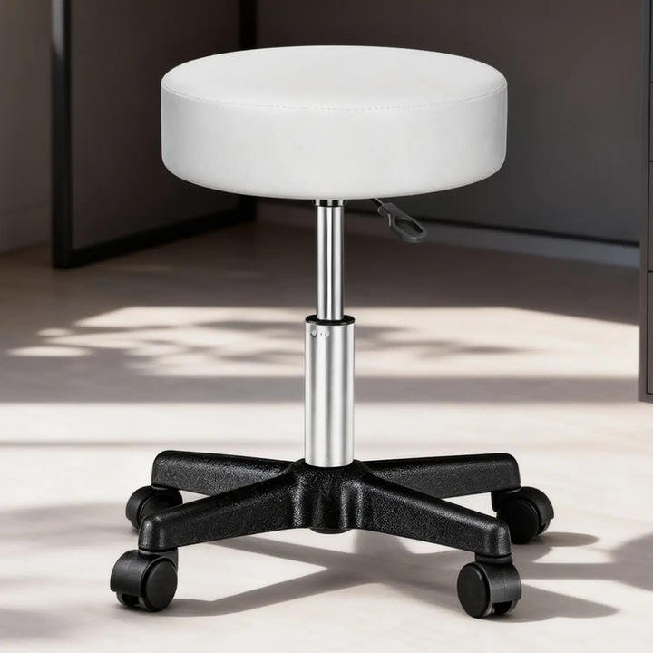 Стол Elindor, въртящ се, колела, ергономичен, без облегалка и подлакътници, компактен дизайн, тапициран с мека гъба, с метален крак, подходящ за всекидневна, кухня, офис, спалня, регулируема височина, 49 x 49 x 46-60 см, бял