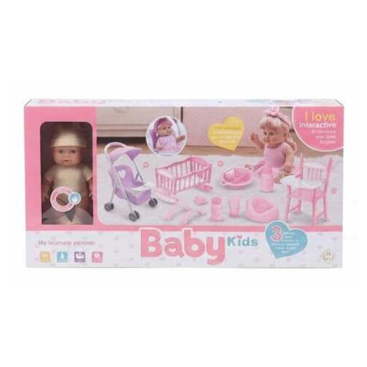 Interaktív játékbaba, babakocsival, etetőszékkel és rengeteg kiegészítővel