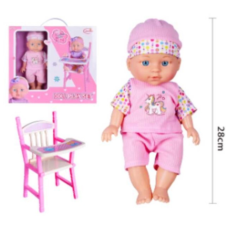 Játék baba etetőszékkel, 28 cm