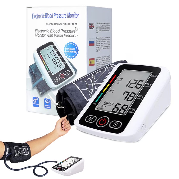 Tensiometru de brat de uz medical，OEMG®, LED-uri cu ecran font mare, masurare automata, redare vocala tare, memorie de stocare automata a datelor de masurare multiplayer, Utilizare plug-in USB-C，Alba