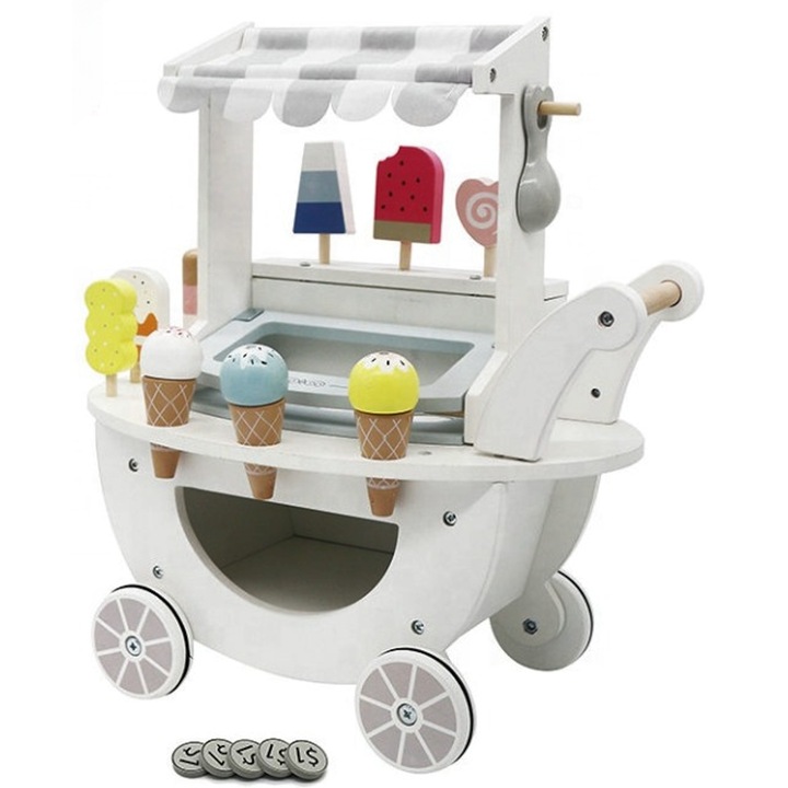 Количка за сладолед ideal STORE, от екологично дърво, сертифицирана по EN71 ASTM, съдържа 9 различни сладоледа, дървени монети, чаша за сладолед