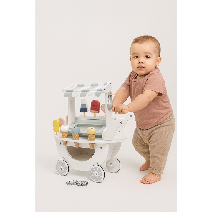 Carucior de Inghetata idealSTORE, din Lemn Ecologic, Certificat EN71 ASTM, Contine 9 Inghetate diferite, Banuti din Lemn, Cupa de Inghetata