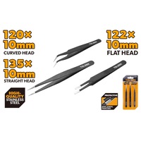 Penseta de precizie TOLSEN, set 3 bucati cu varf drept 135 mm, varf curbat 120 mm si varf plat 122 mm, otel inoxidabil 201, placa de 1.5 mm, strat negru antistatic, capace de protectie PE, pentru electronica, bijuterii, modelism si mecanica fina