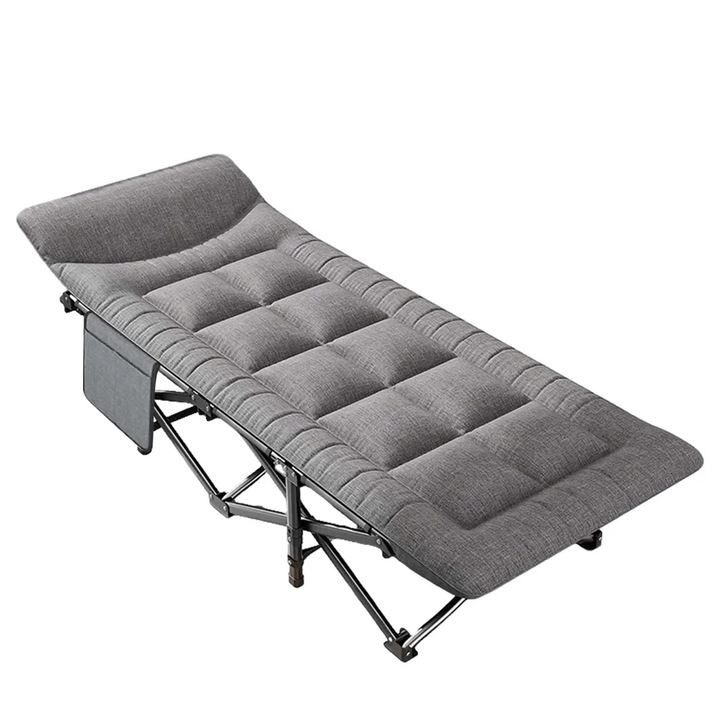 Összecsukható kempingágy, 200 kg teherbírású, hordozható, fémvázas, szürke