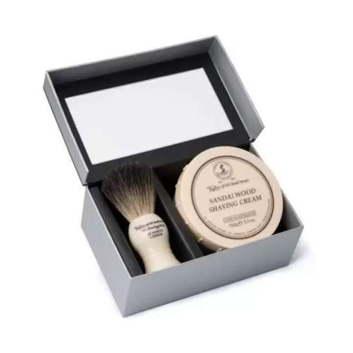 Set de bărbierit Taylor of Old Bond Street, perie Pure Badger, cremă Sandalwood 150g, parfum clasic, fabricat în Anglia