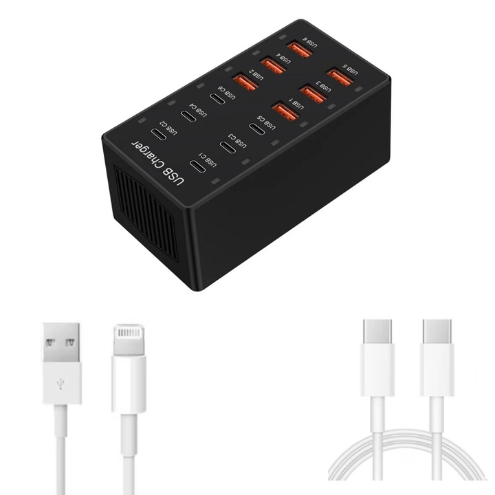 Kit USB töltőállomás 60W 12 az 1-ben, 6 USB-C és 6 USB-A, ultragyors töltés, 5V 2.4A, 1 db C-C adatkábel - 60w1m, 1 db USB-C-ligt 37w 1m, iPhone 16/ 15/ 14/ 13/ 12, pro max készülékekhez