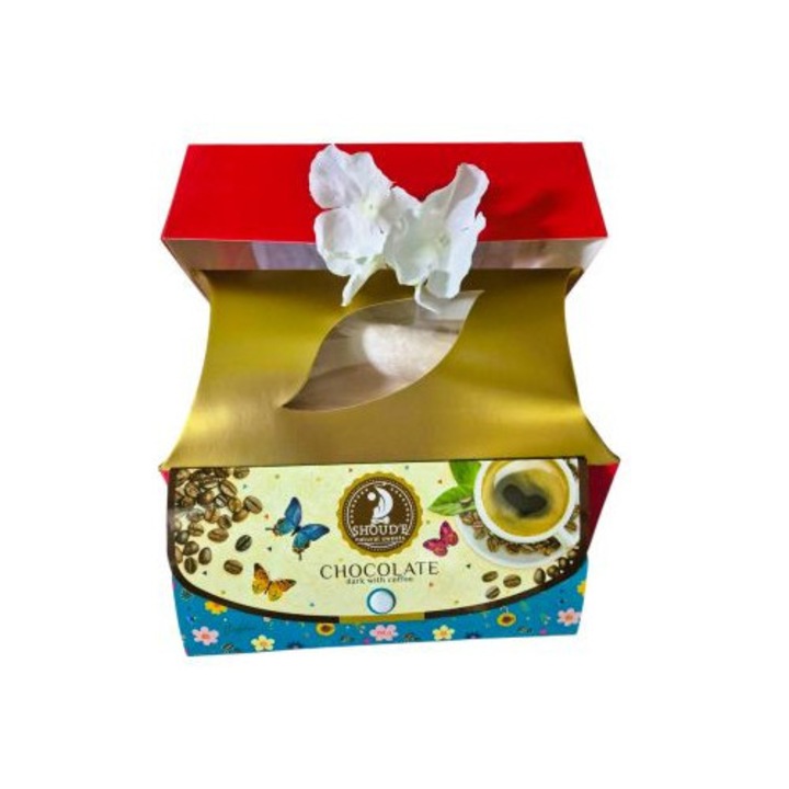 Set cadou cu ciocolată neagră 70g și eșarfă din mătase naturală ivoare 150x50cm, cutie roșie 25x16x8cm