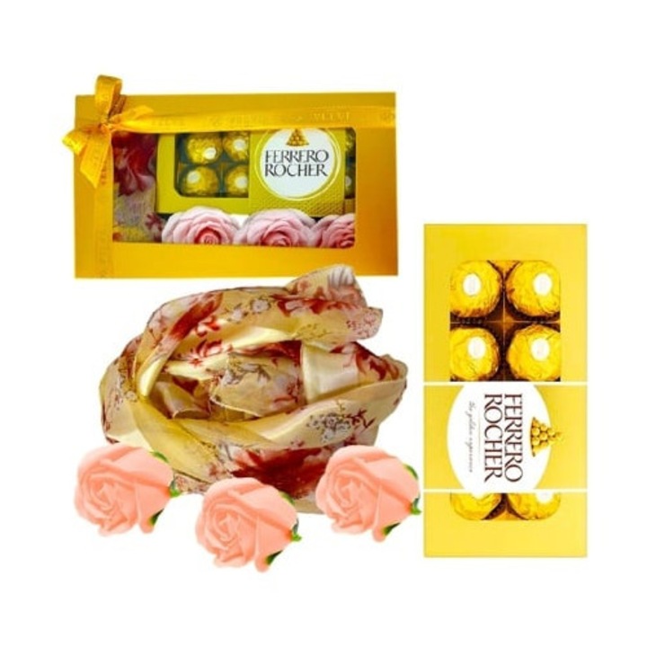 Pachet cadou Velve, esarfa florala, 3 trandafiri de sapun, praline Ferrero Rocher, Roz/Gold