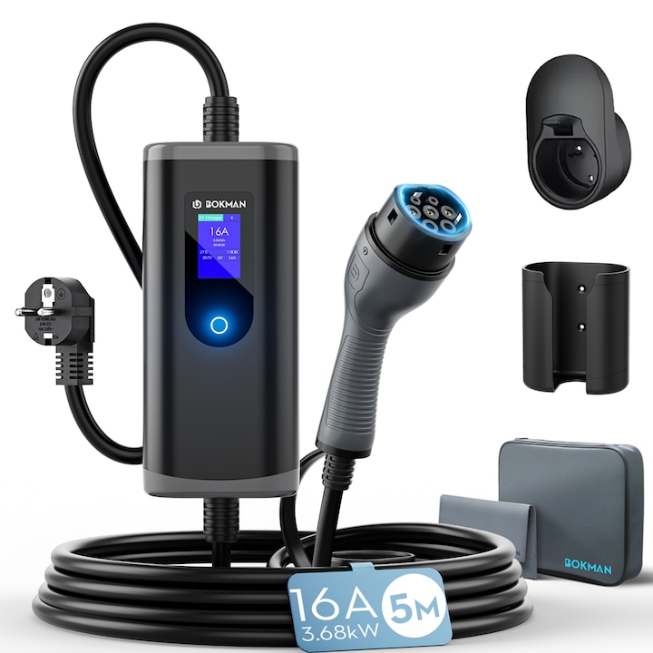 Incarcator portabil pentru vehicul electric, Bokman, 3.68kW, curent reglabil 6-16A, cablu tip 2, 5M