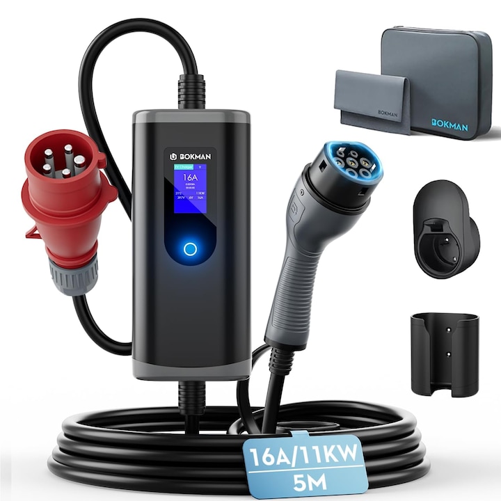 Statie de incarcare auto electrica portabil, Bokman, 11KW, Wallbox Reglabil 6-16A, 5 metri, Incarcator pentru masini electrice tip 2 - mufa EEC (5 pini) Incarcator portabil