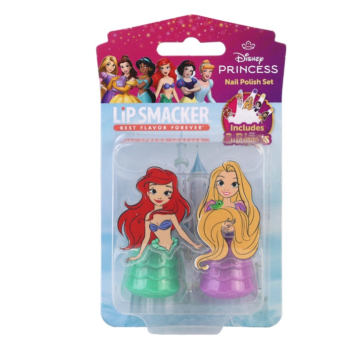 Детски комплект, Lip Smacker, Disney Princess, лакове за нокти и пръстени с Малката Русалка и Рапунцел, 2 лака, 2 пръстена